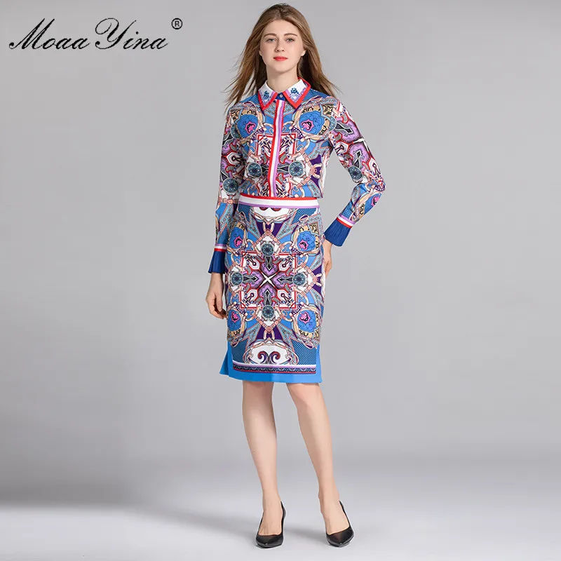

MoaaYina Fashion Designer Set Spring Women Long sleeve Turn-down Collar Print Vintage Elegant Tops+Half skirt Two-piece suit