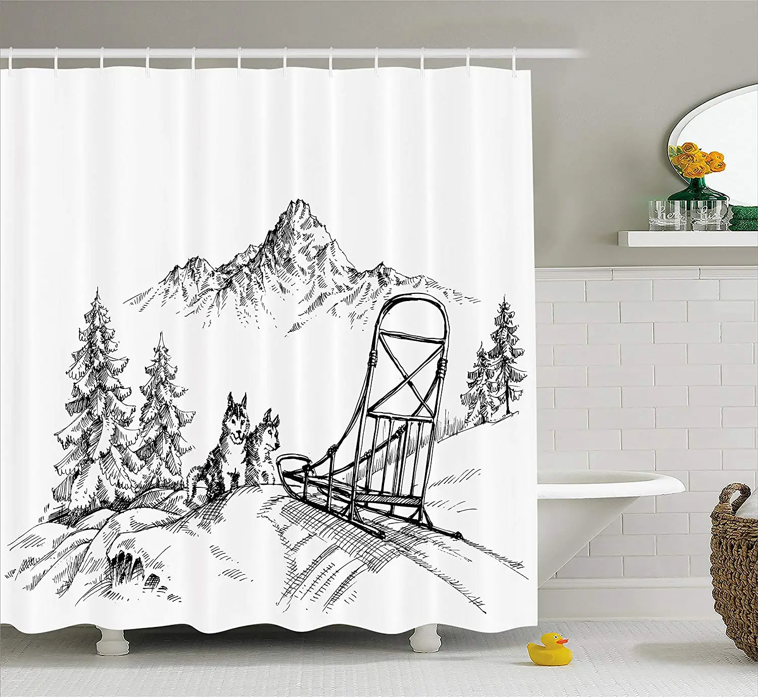 Alaskan Malamute Shower Curtain Mountain Landscape in Winter Sledding