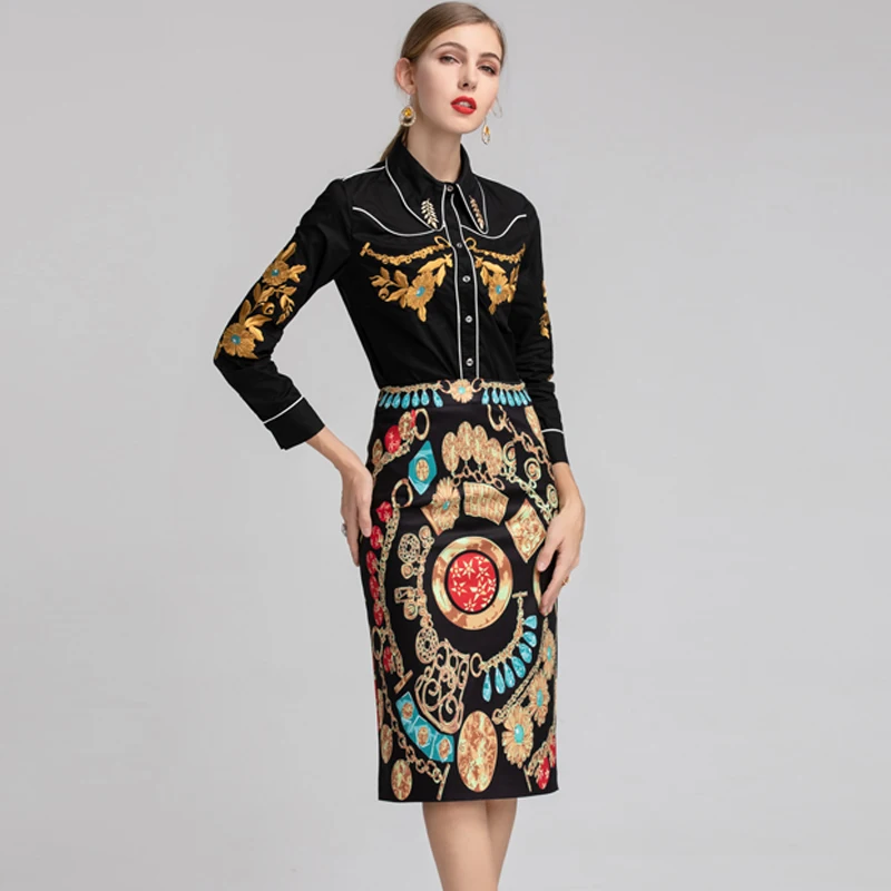 

Red RoosaRosee 2019 Runway Hot Women's Floral Embroidery Long Sleeve Black Blouse Tops + Pencil Skirt Suits Two Piece Shirt Set