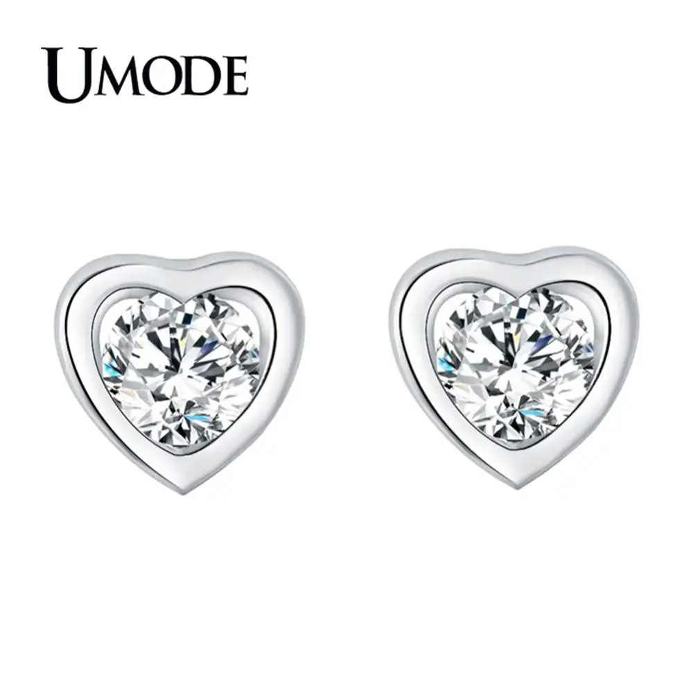 Женские серьги гвоздики с цирконом UMODE новые прозрачные круглые из белого золота