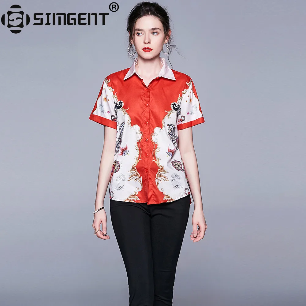 

Simgent Summer Women Blouses Fashion Short Sleeve Color Block Floral Printing Shirts Ladies Casual Loose Plus Size Tops SG9665