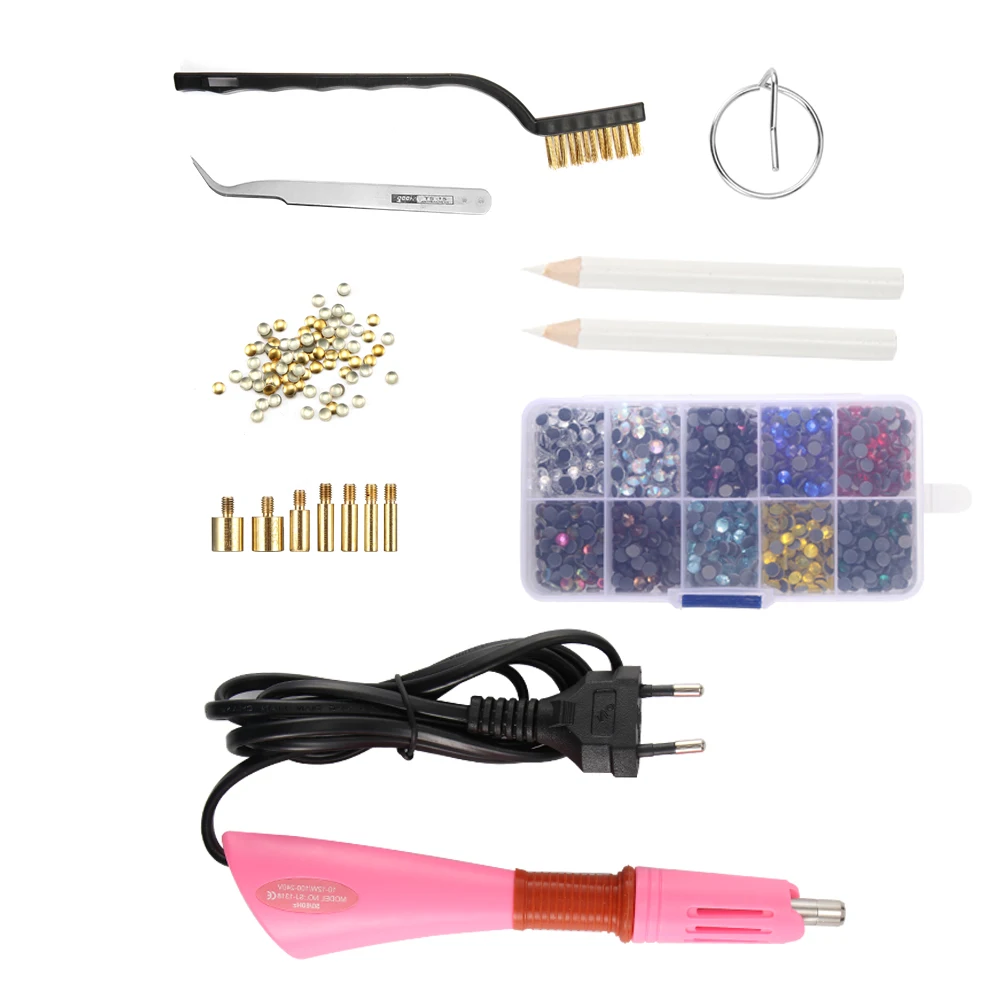 

2000pcs Rhinestones Hotfix Applicator with 7 Tips Crystal Glass Rhinestone Hot Fix Applicator Strass Wand Storage Bag EU/US Plug