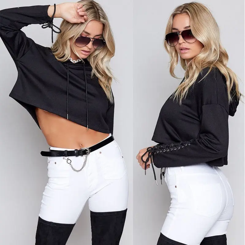 

Fashion Casual Women Ladies Cotton Pullovers Long Sleeve Hooded Short Clothes Black White