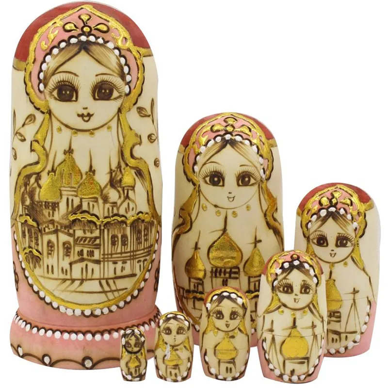 Wooden Matryoshka Russian Nesting Dolls Stacking Nested Toy 7 PiecesSet  Russian Girl in Moscow Kremlin Adorable Home Decoration Mother's Day Gift  (1)