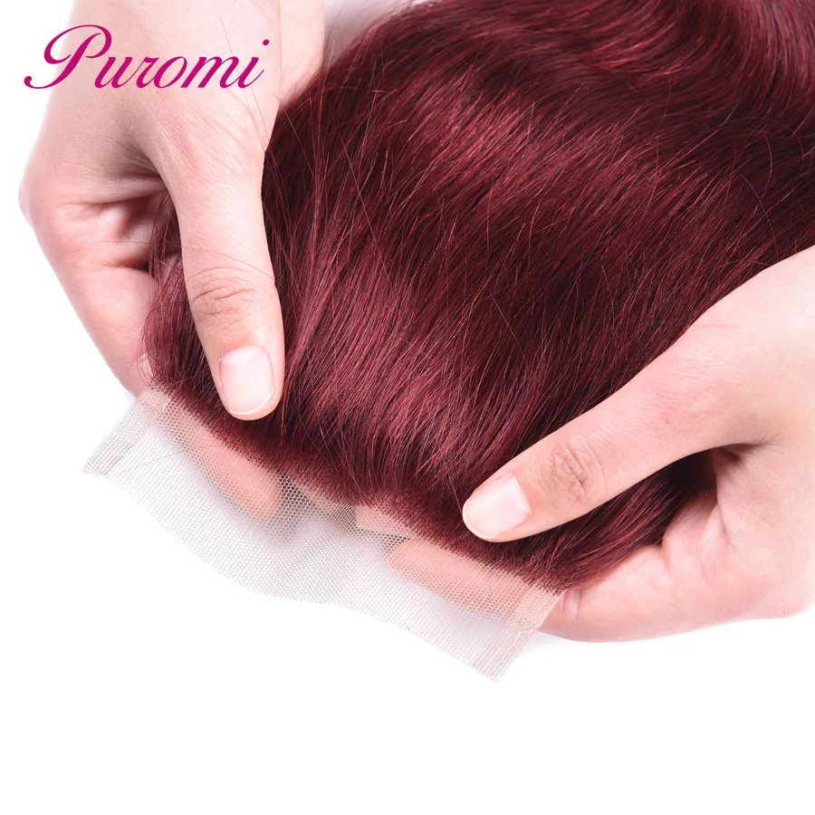 Puromi Hair Extension Colored 99J Brazilian Hair Weave Bundles with Closure 4x4 Free Part Body Wave Human Hair Bundles Non Remy