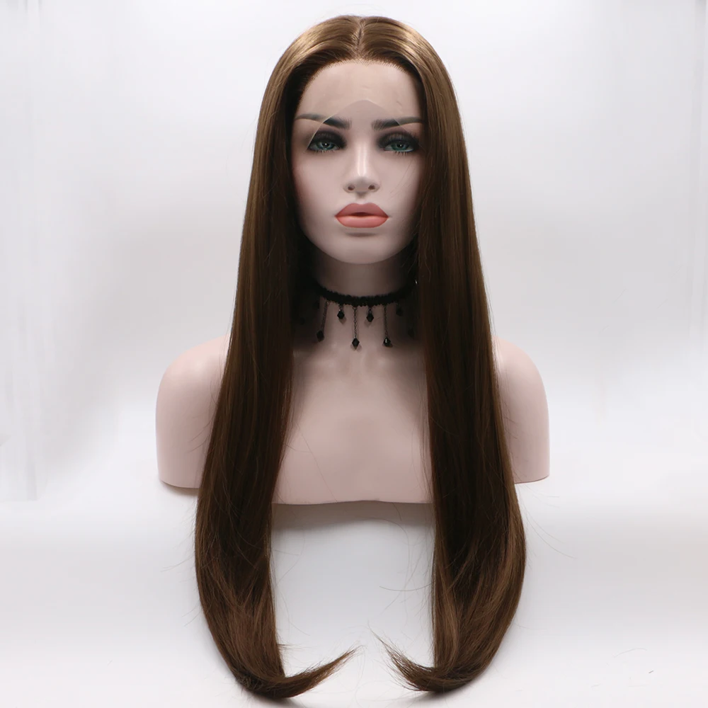 Marquesha длинные прямые натуральные коричневые синтетические волосы на кружеве парик половина ручной работы синтетические волосы парик для модных женщин