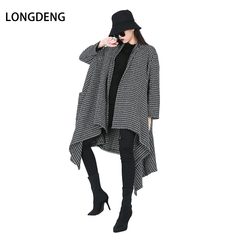 LONGDENG 2019 мода на весну и зиму Повседневное Вязание плед нерегулярные ветровка с