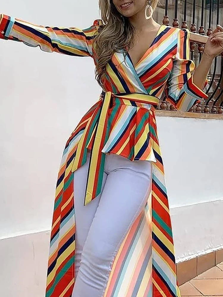  Women Elegant Colorful Striped Ruffles Dip Hem Blouse 2019 Summer Leisure Asymmetrical Casual Shirt