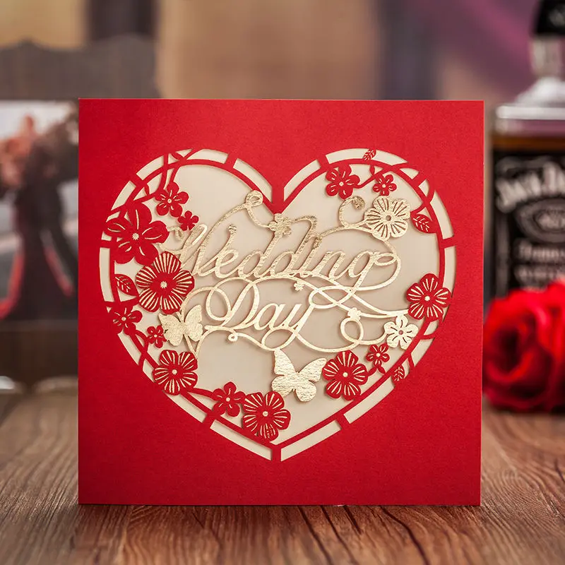 10pcs Lot Laser Cut Heart Shaped Red Flowers Wedding Invitations