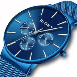 BIDEN Элитный бренд для мужчин королевский синий сталь сетка группа повседневные часы модные водостойкие для мужчин спортивные