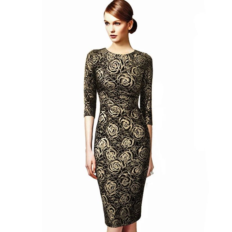 

Office Dress Women Plus Size S-3xl Rose Foiled Lustrous 3/4 Sleeve O Neck Midi Pencil Dresses Ladies Elegent Coverall Work Wear