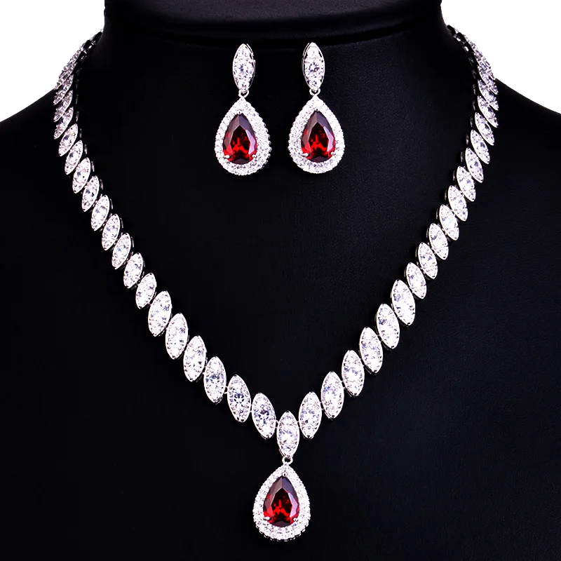 925 Sterling Silver Platinum Plate Luxury Diamond Women Wedding Jewelry Set Red/Green/Blue/White CZ Drop Earring Choker Necklace - Цвет камня: Красный