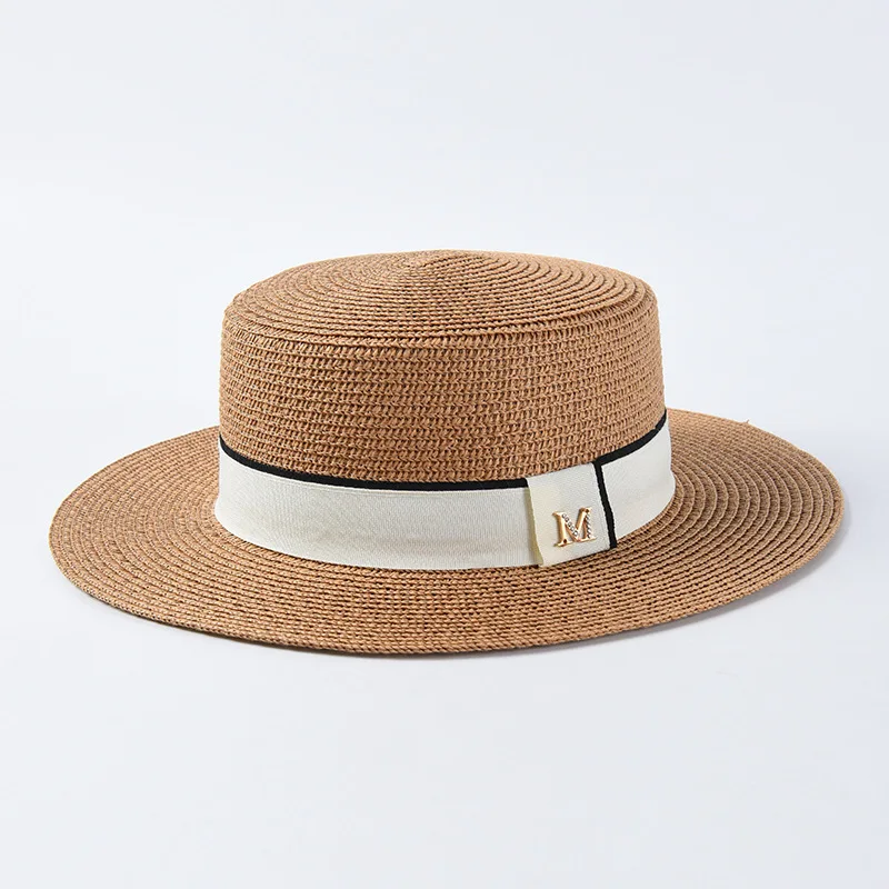 

2019 New Summer Straw Hats for Women M Letter Wide Side Beach Hat Flat Top Sun Hat Summer Women Summer Visor Caps