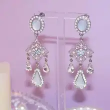 MENGJIQIAO Neue Barock Stil Opal Stein Wasser Tropfen Kristall Quaste Ohrringe Für Frauen Vintage Aussage Blume Lange Pendientes