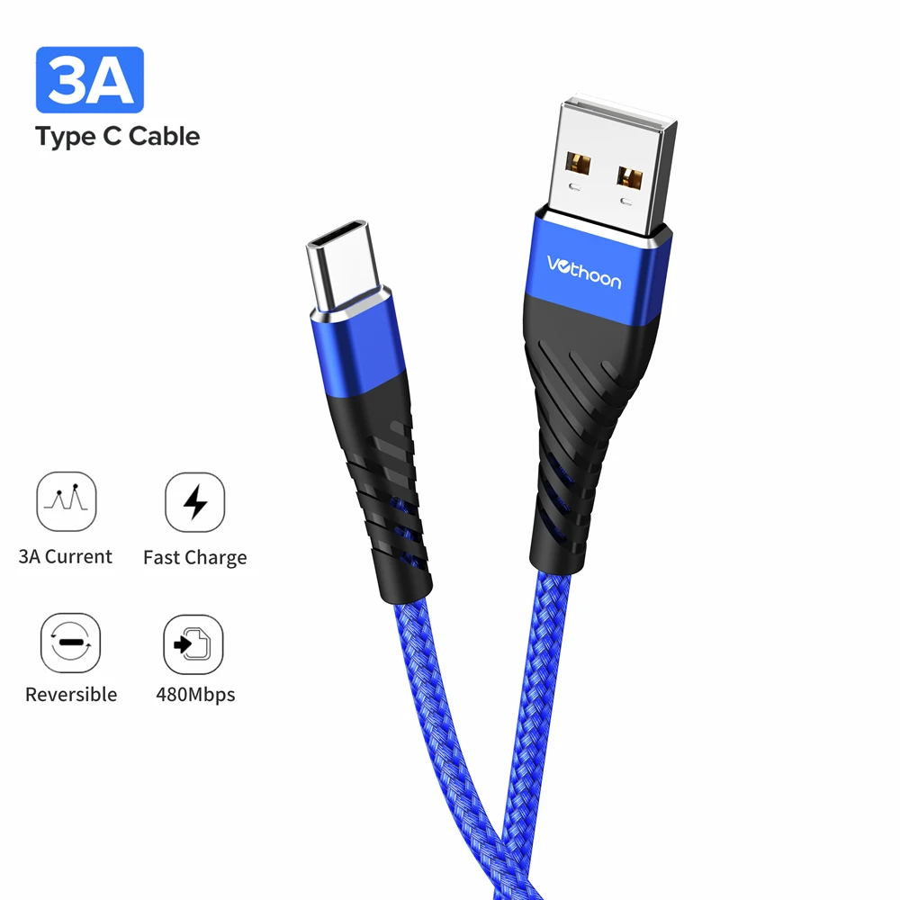 Vothoon Тип usb C 3A кабель быстрое зарядное устройство QC 3,0 Для Xiaomi Mi9 Mi8 samsung S10 S9 Plus Note 9 Быстрый зарядный кабель для зарядки телефона