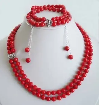 

noblest 2 rows 7-8mm red coral bracelet set earrings sets Wonderful Nobility Fine Wedding Jewelry Lucky Women's