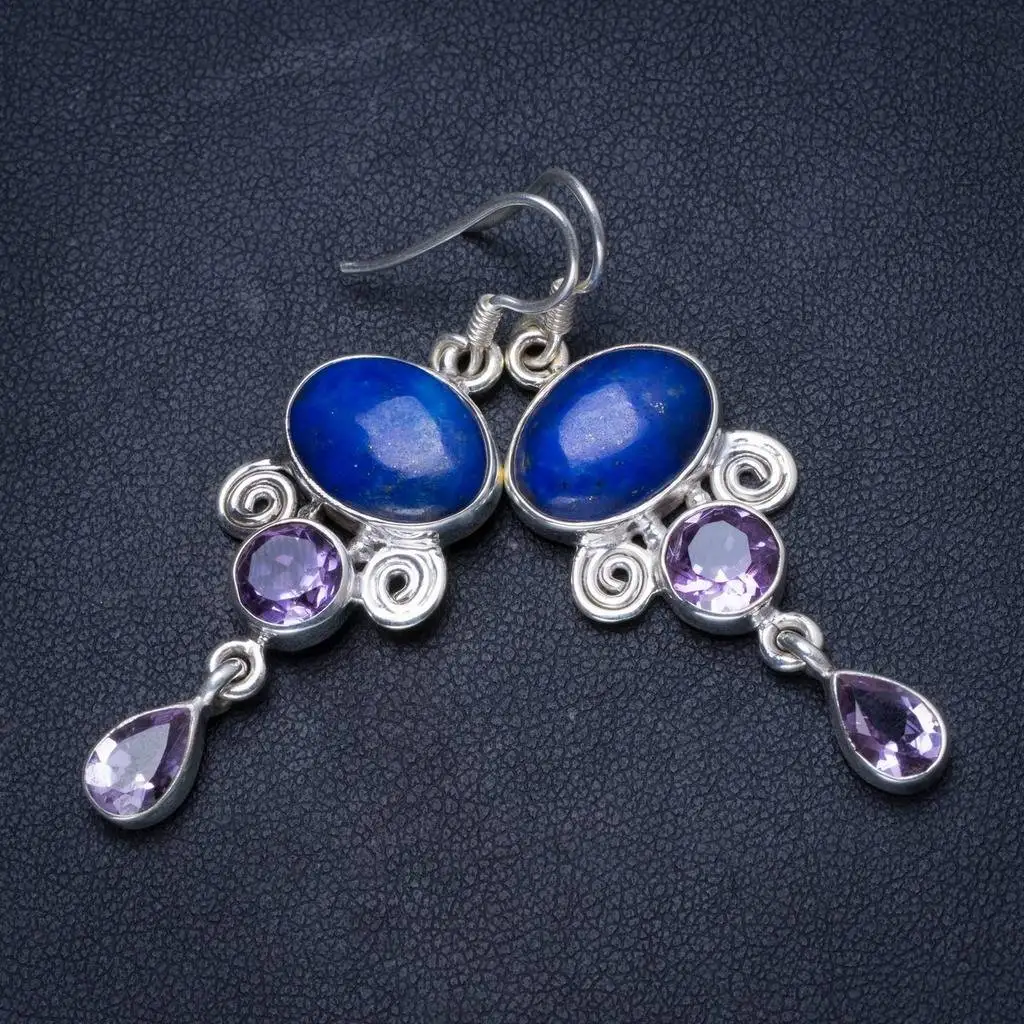 

Natural Lapis Lazuli and Amethyst Handmade Unique 925 Sterling Silver Earrings 2" X3693