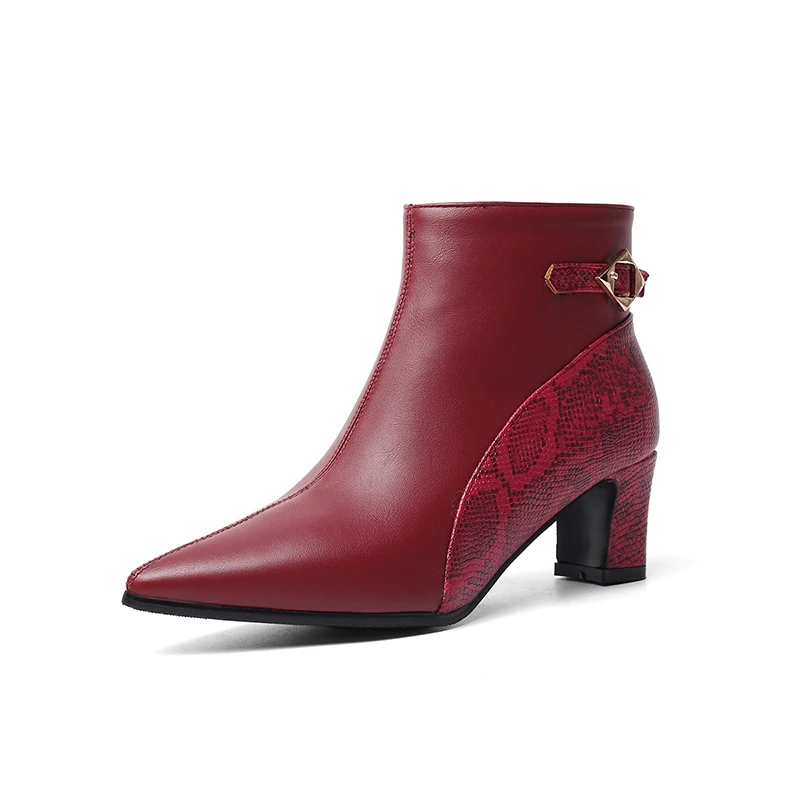 WETKISS/пикантные женские ботильоны из змеиной кожи туфли на высоком толстом каблуке с острым носком женские повседневные ботинки на молнии с металлическим декором - Цвет: Бордовый