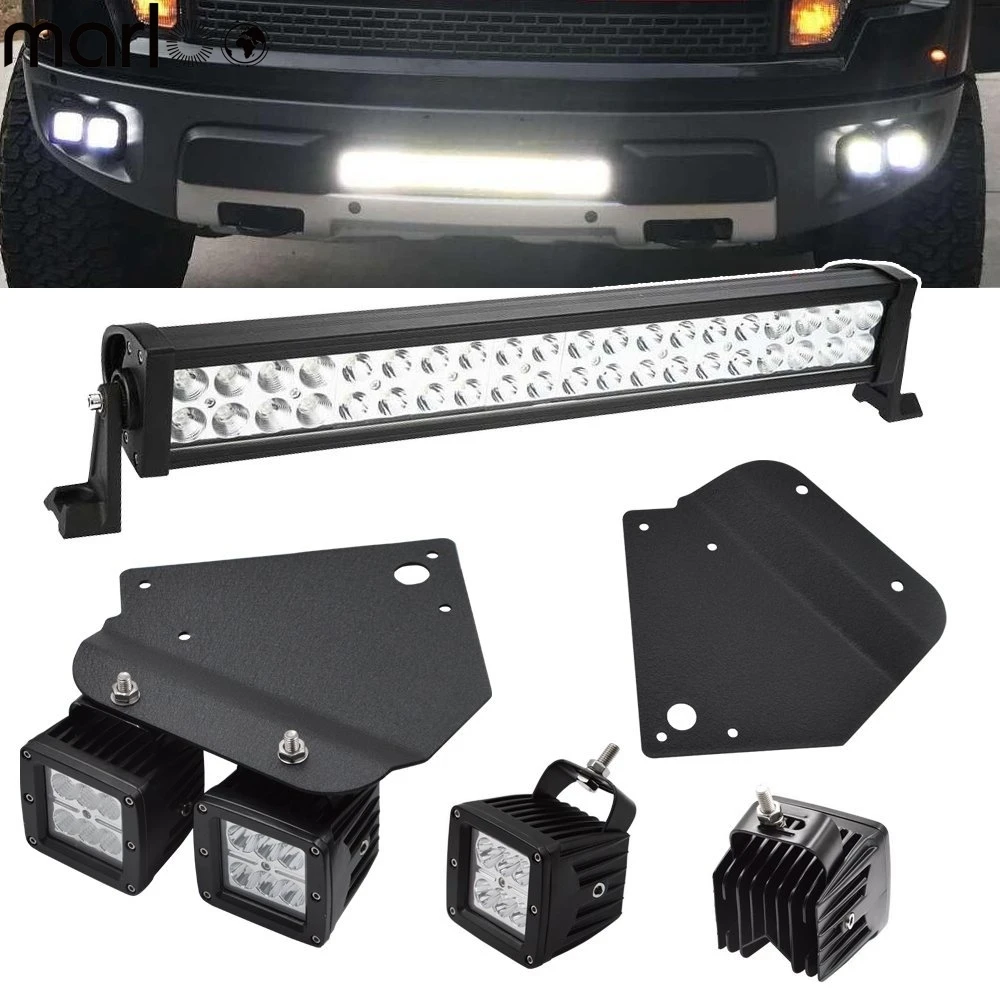 

20Inch 120W LED Light Bar +4pcs 18W Cubes SpotLights +Hidden Bumper Mount Brackets For 2010-2014 Ford F150 SVT Raptor