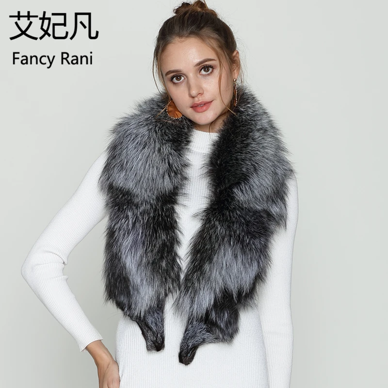 

2018 100% Natural Fur Shawl Luxury Silver Fox Fur Collar Scarf 130cm Large Real Fox Collars Quality Genuine Fur Collar For Women