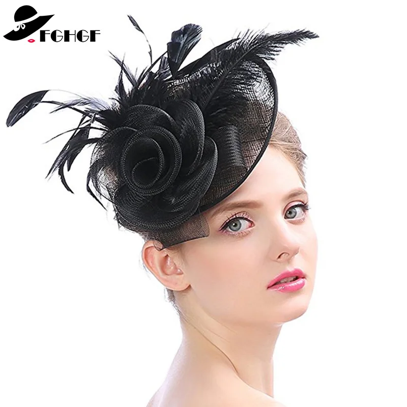 

FGHGF Elegant Solid Sinamay Fascinator Hat For Women Kentucky Derby Race Cocktail Tea Party Hat Feather Hairclip Ladies Headband