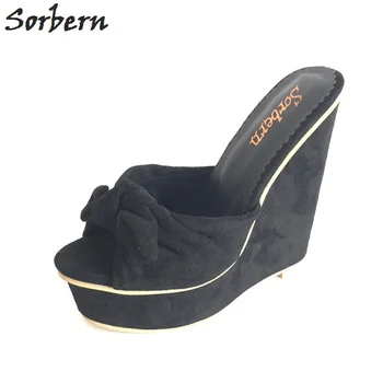 

Sorbern Black Slippers Bowknot Platform 16Cm Ultra High Heels Summer Sandals For Women Funny Adult Slippers Wedge Heel Slides