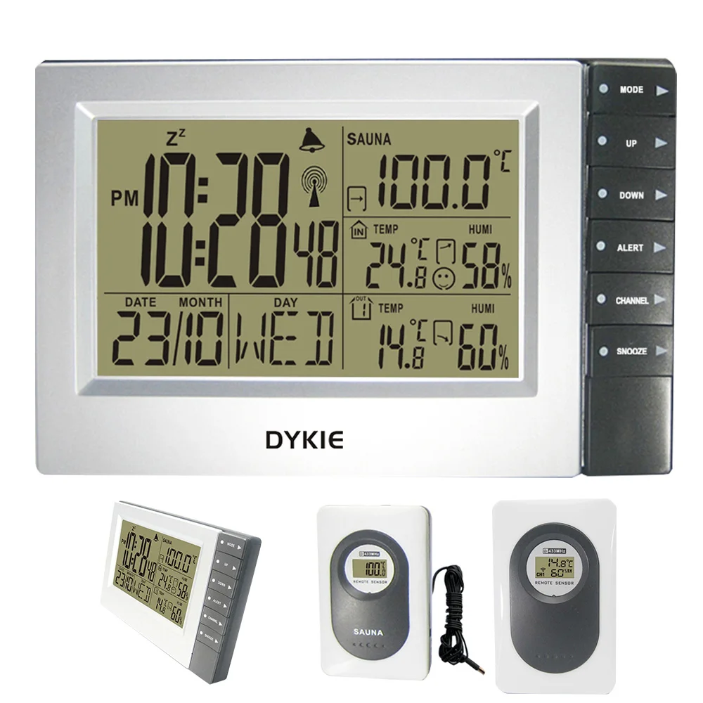 

Wireless Weather Station with Indoor Outdoor Thermometer Hygrometer Sauna Sensor Large Display Alarm Clock 2 Transmitters
