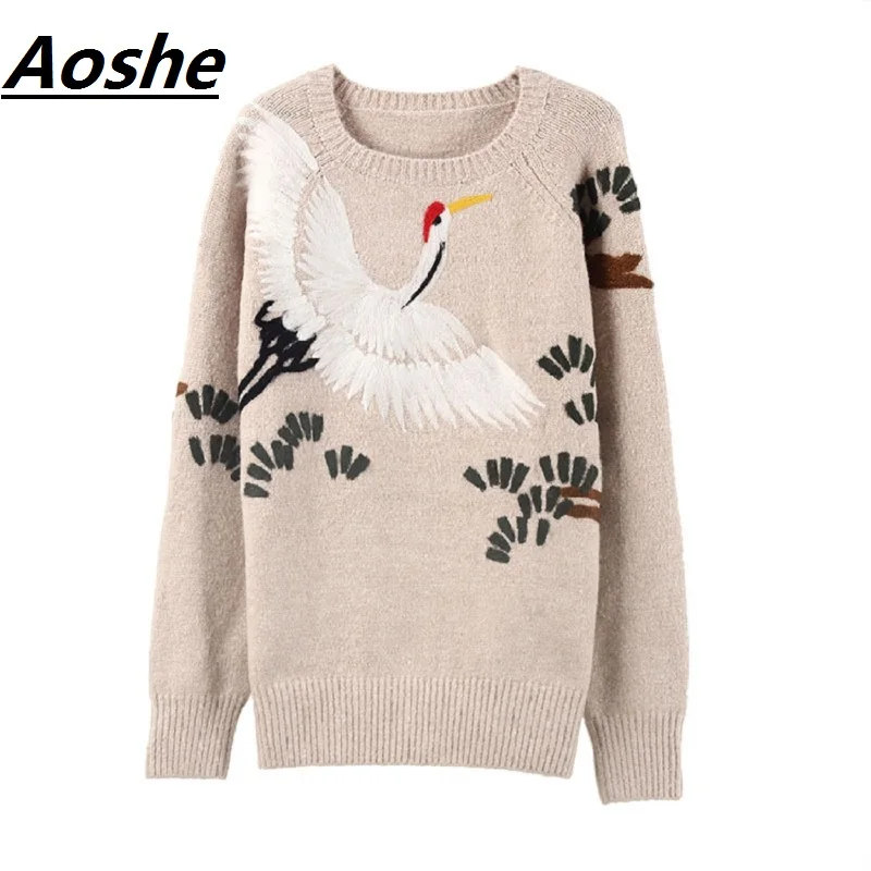 

Aoshe Luxury Wool Pullover Sweater Women pull 2018 Winter Designer Cranes Trees Embroidery Loose Casual Oversize Knit Top Jumper