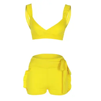 

Womens Holiday Playsuit Clubwear Ladies Pajama Sets sexy soft Sleeveless Yellow Solid V-neck Crop Top Shorts 2PCs