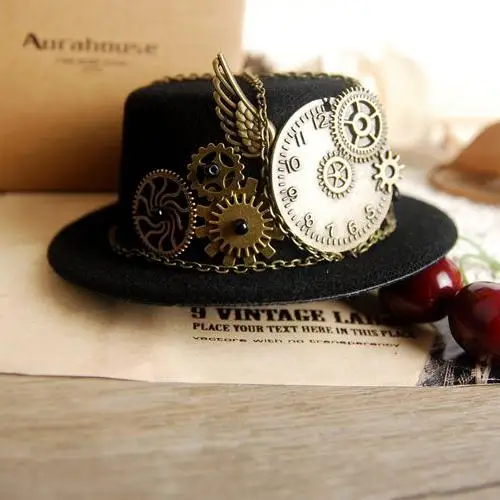 Стимпанк Шестерня и часы цепь Мини Топ шляпа Лолита косплей фетровые шляпы черный