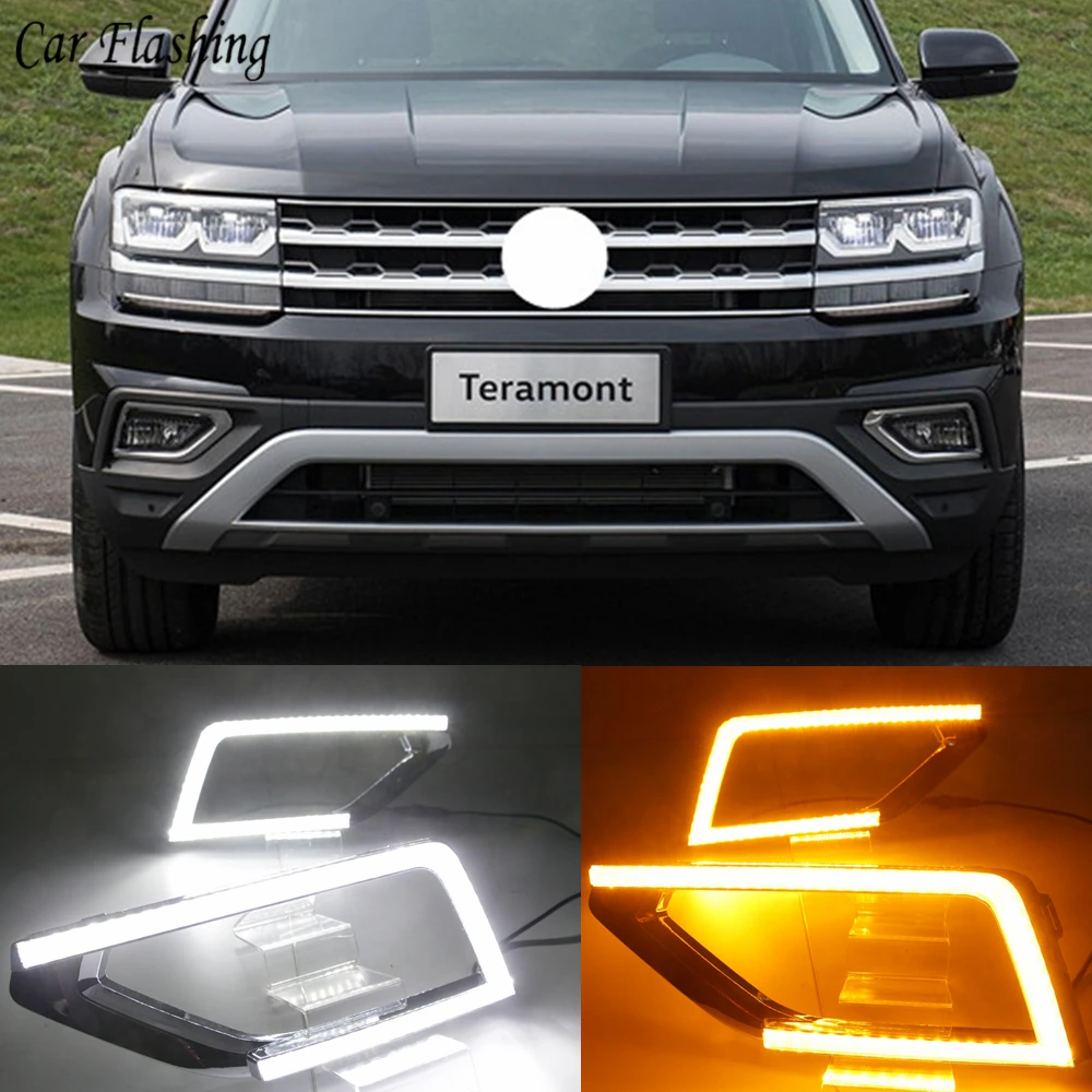 

1Pair LED DRL Daytime Running Light Daylights For Volkswagen VW Teramont 2017 2018 With Yellow Turn Signal Lamp Fog Lamp Cover