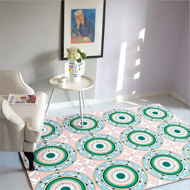 

AOVOLL European Style Fresh Geometric Circle Mosaic Flower Powder Green Door Mat Carpets For Living Room Carpet Kids Room