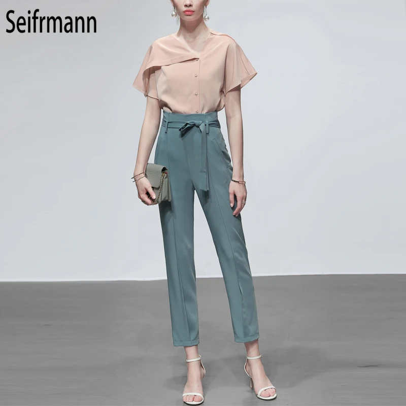 

SeifrmannNew 2019 Women Spring Summer Suits Runway Fashion Designer Gorgeous Coat+Bow Tie Long Pants Elegant Slim Two Pieces Set