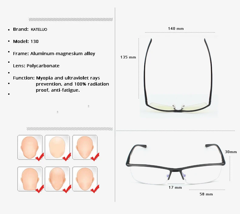 KATELUO анти-синие лазерные очки радиационно-стойкие мужские очки Рамка Al-Ma сплав мужчины очки, аксессуары для очков 130