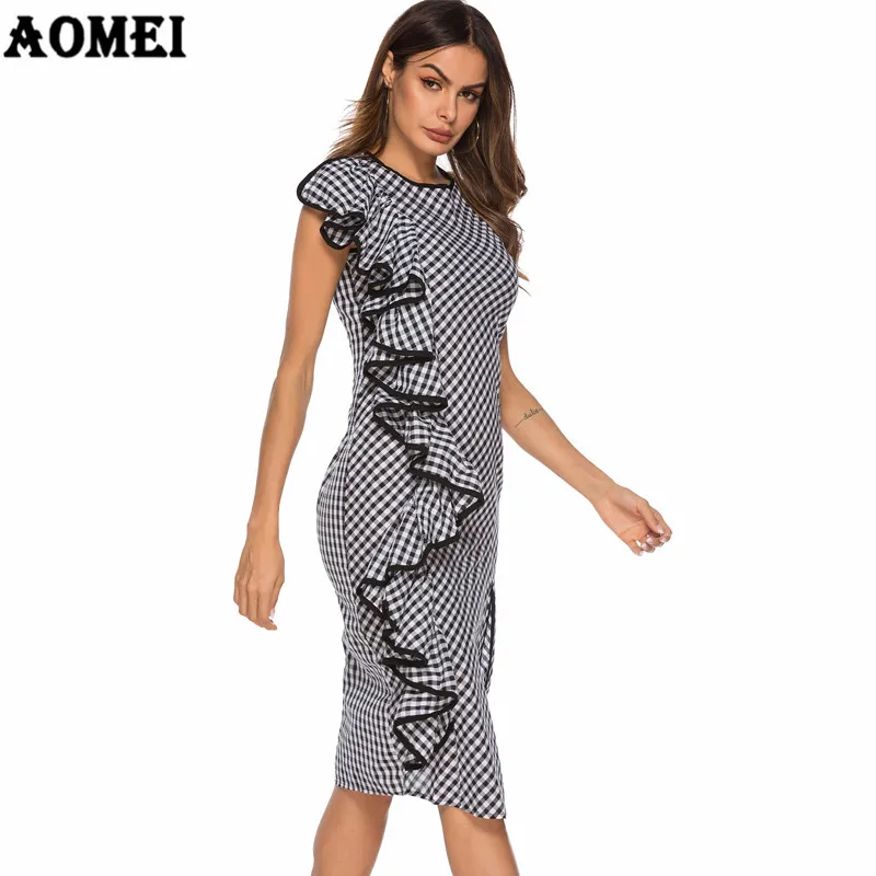 Black Retro Gingham Women Summer Dress Ruffles High Split Vintage Checkered Tunics Robe Femme Classy Sundress Ladies Party | Женская