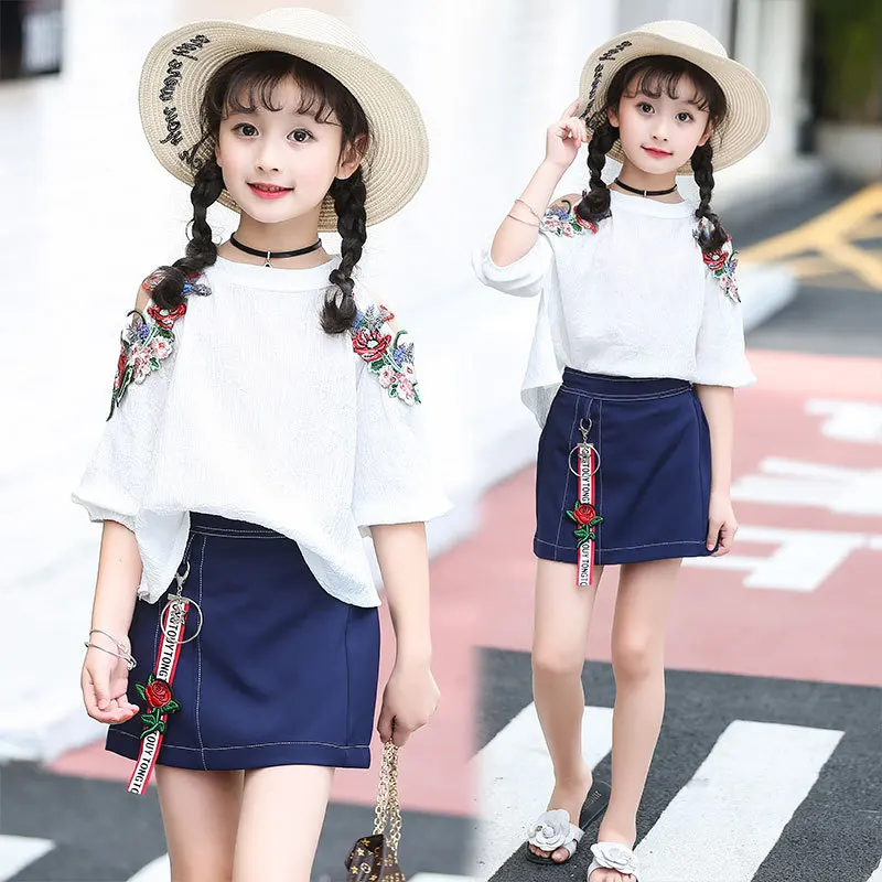 Новая модная детская одежда От 3 до 12 лет комплекты одежды для девочек с цветочной вышивкой хлопковые комплекты для девочек, SQ056