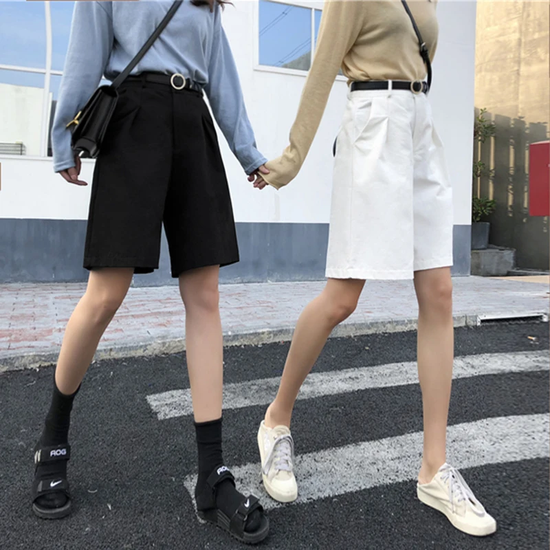Knee Long Cotton Shorts Women High 