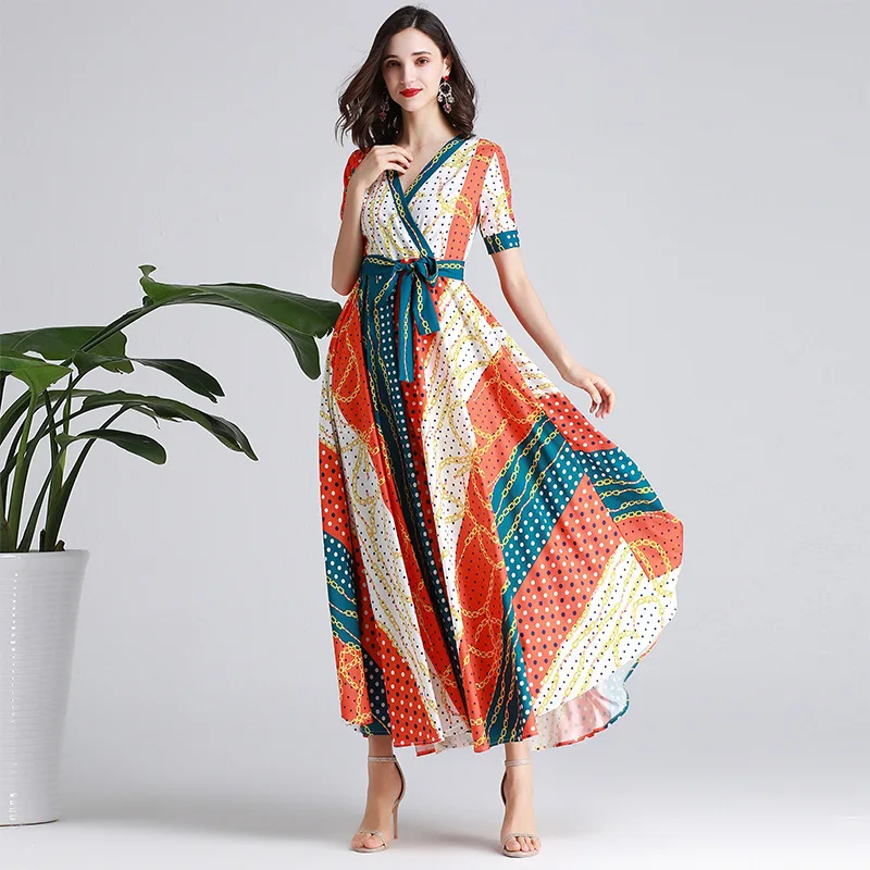 

Bohemian romantic temperament tie waist V-neck short-sleeved polka dot stripe chain lock color matching large swing dress e44
