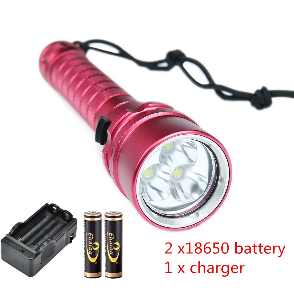 Waterproof 3 x XM L L2 Diving Flashlight 4000 lumen lights for underwater diving+2x18650 4000MAH
