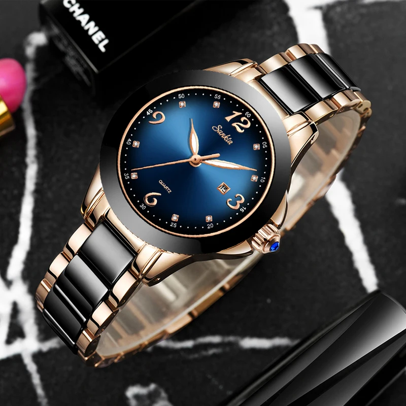 Sunkta Blue Waterproof Bracelet Watch Fashion Women Watches Ladies Top Brand Luxury Ceramic Rhinest-4