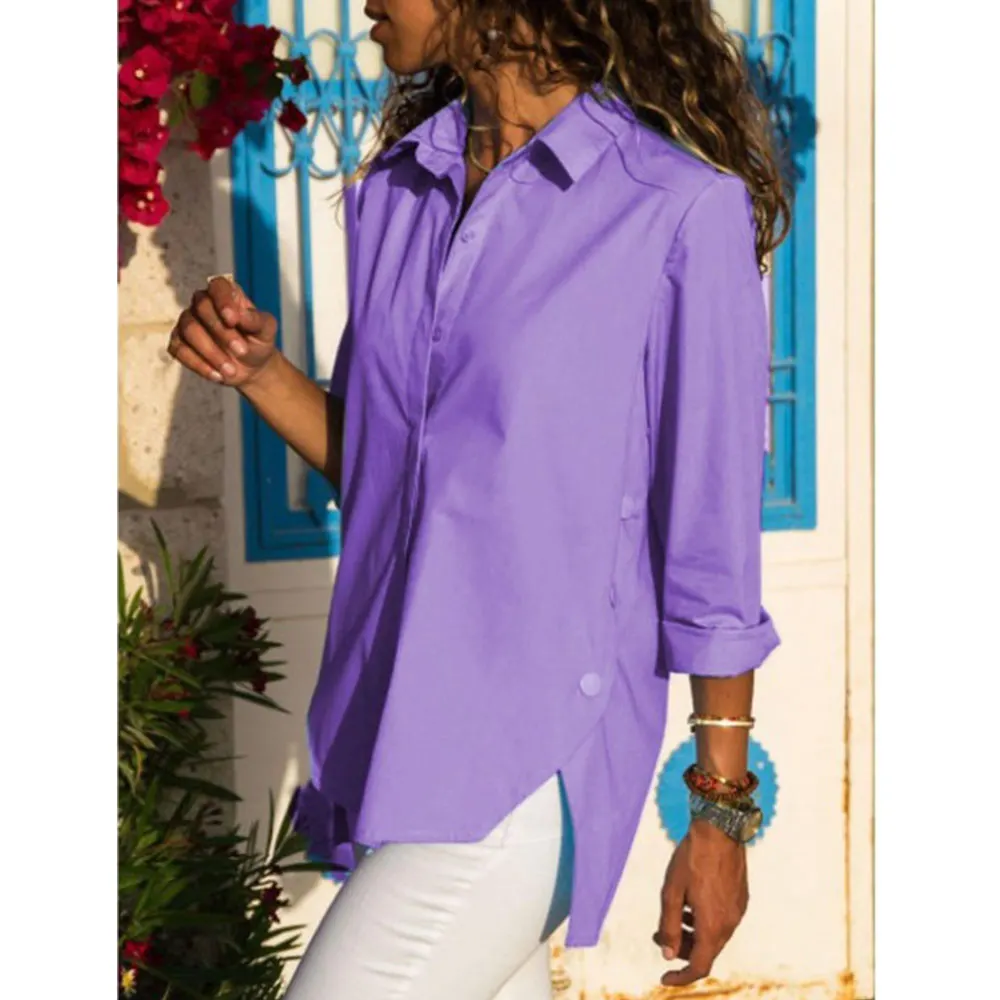 Необычные женские туники на пуговицах 5XL размера плюс, одноцветная рубашка с отложным воротником и длинным рукавом, женские блузки, женские летние топы - Цвет: Фиолетовый