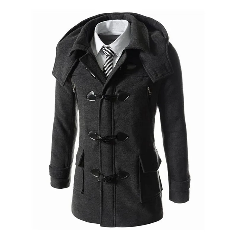 

Autumn Winter Fashion Men's Long Overcoat Men Woolen Coat Hooded Male Slim Zipper Trench Coat Big Button Jacket For Mans 266