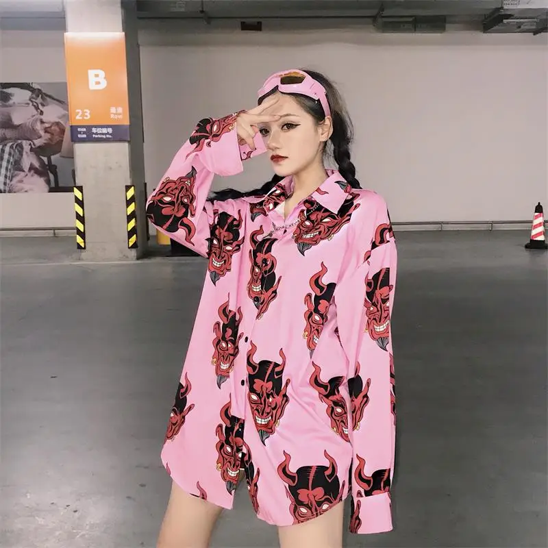 Lazy Ulzzang Harajuku Bf Свободная Повседневная рубашка с демоном женские рубашки для