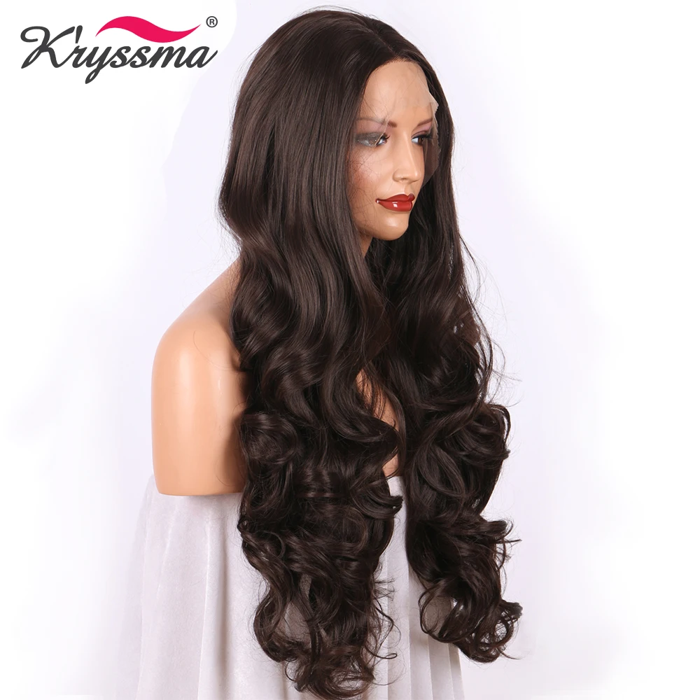 K'ryssma Dark Brown Synthetic Lace Front Wig Long Wavy Chestnut Wigs for Women With Baby Hair Glueless Natural Color Hair Wigs