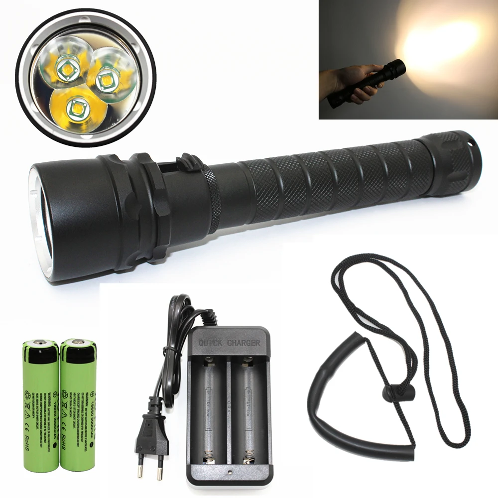 

Waterproof Tactical Diving light Diving flashlight Yellow light 3x T6 LED Underwater hunting lanterna + 18650 Battery + Charger