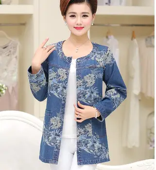 

2020 New Spring Middle Aged Women Long Sleeve Printed Denim Jacket Overcoat Jean Coats Plus Size Ladies Outwear Chaqueta Mujer