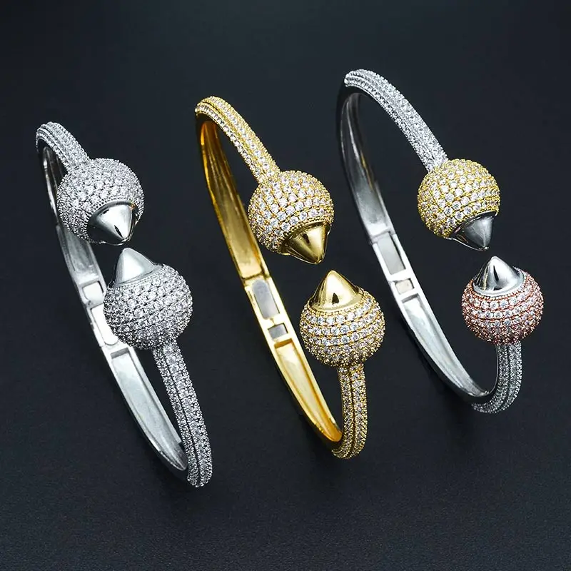 MoonTree Luxury Big Ball Cubic Zircon 3Tone Color Bangle Ring Set