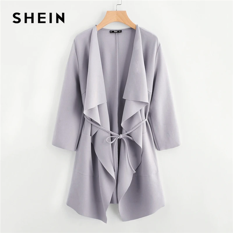 Very best  SHEIN Waterfall Collar Double Pocket Front Wrap Autumn Coat With Belt Women Solid Long Sleeve Sprin