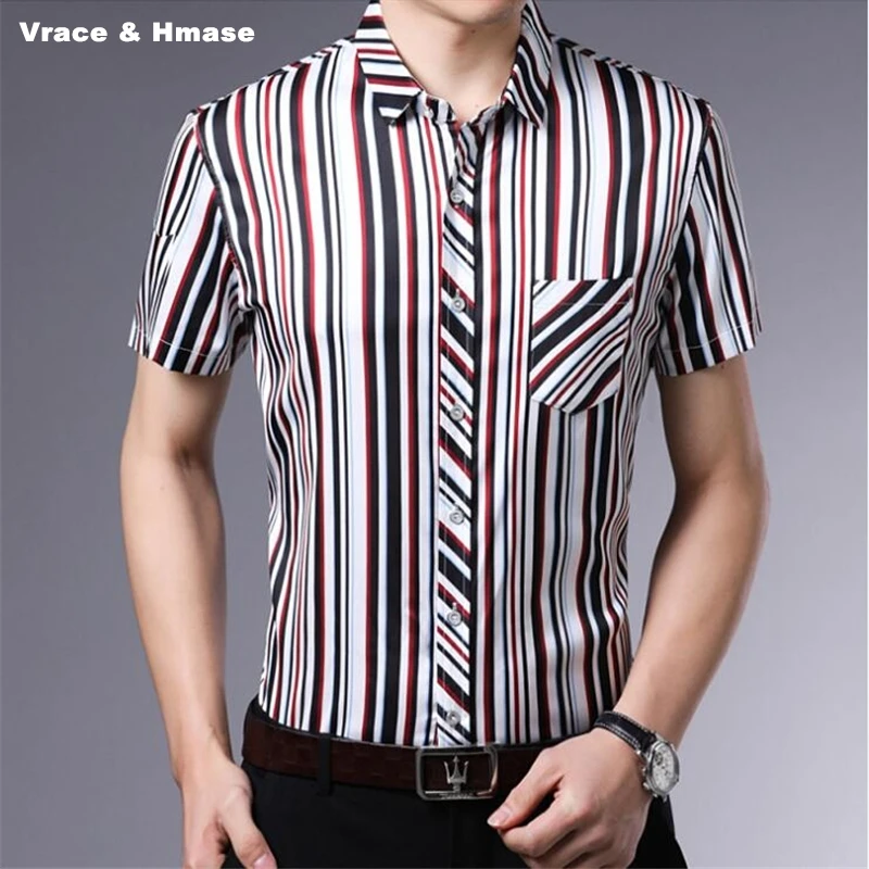 

Summer 2018 New fashion slim striped boutique short sleeve shirt High-quality soft silk wash and wear treatment shirt men M-XXXL