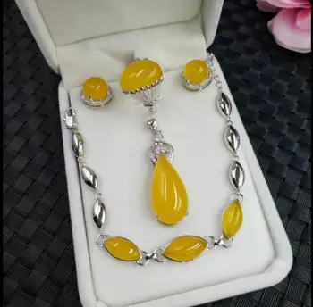 

Chalcedony Set Necklace Pendant Earrings Ring Bracelet S925 Silver Mosaic Chalcedony Yellow Green Double Set of Four Piece Set o